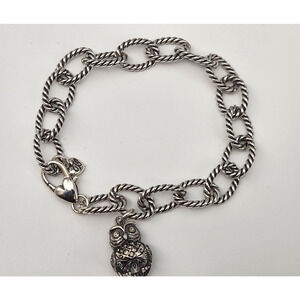 Brighton NIGHT WATCH OWL Silver Link Charm Bracelet Crystals w/pouch